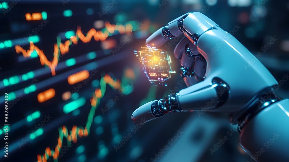 Poster close up of robotic hand holding glowing chart hologram for advanced ai driven financial analysis an