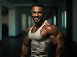 Fototapeta premium A Stunning Display of Strength and Detail: Muscular Man Posing Confidently in a Gym, showcasing a detailed physique in a white tank top with a blurred background