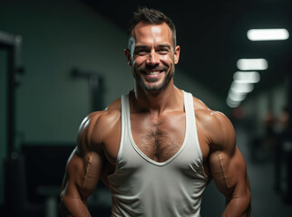 Fototapeta premium A Stunning Display of Strength and Detail: Muscular Man Posing Confidently in a Gym, showcasing a detailed physique in a white tank top with a blurred background