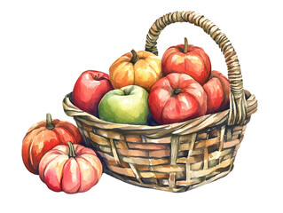 Autumn Basket with Apples and Pumpkins Harvest