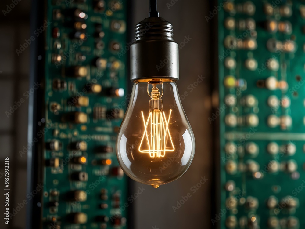 Poster lightbulb with circuit boards, set against a tech workshop background.