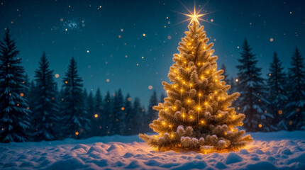 Naklejka premium Notte d’inverno con albero di Natale illuminato nel bosco – Serenità e luce natalizia