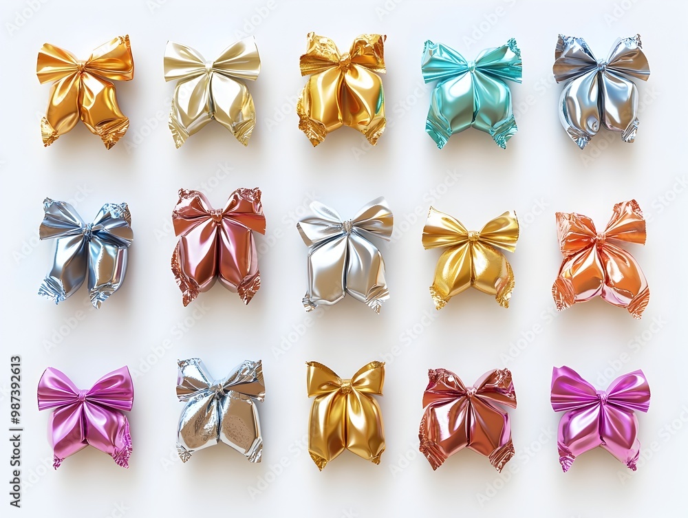 Poster colorful 3d rendered abstractions of metallic candy wrappers with various geometric shapes displayed