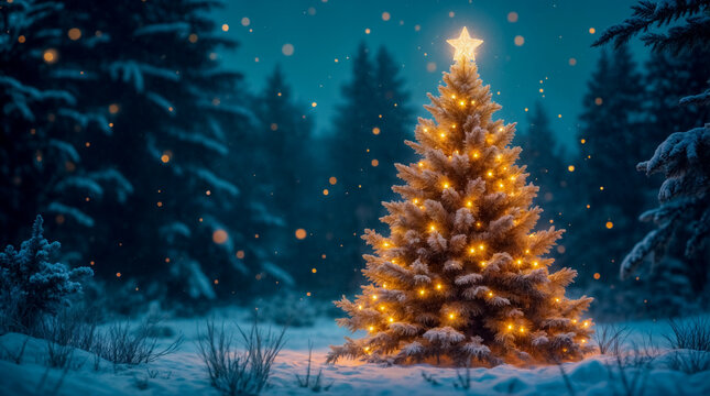 Albero di Natale illuminato in una foresta innevata &ndash; Magia natalizia sotto le stelle