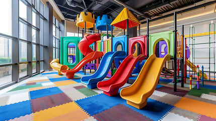 Colorful slides and large windows in a fun indoor playground