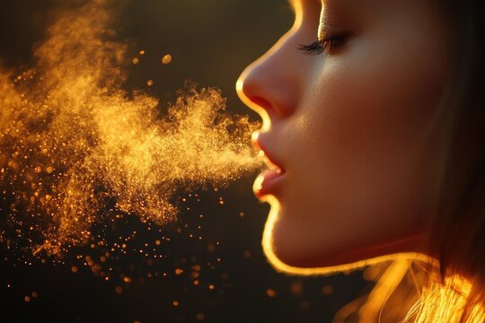 Woman exhaling golden glitter at sunset time