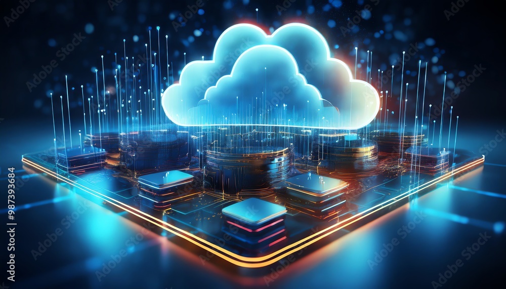 Poster a futuristic cloud computing concept featuring a glowing cloud and circuit board elements, symbolizi