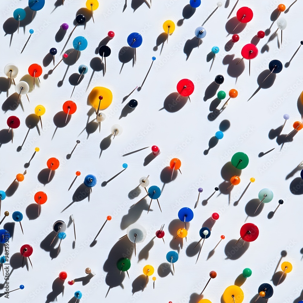 Poster colorful push pins scattered across blank canvas in dynamic abstract composition