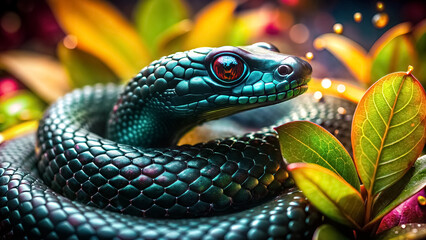 Fototapeta premium Black green snake with red eyes outdoors, symbol of 2025 new year