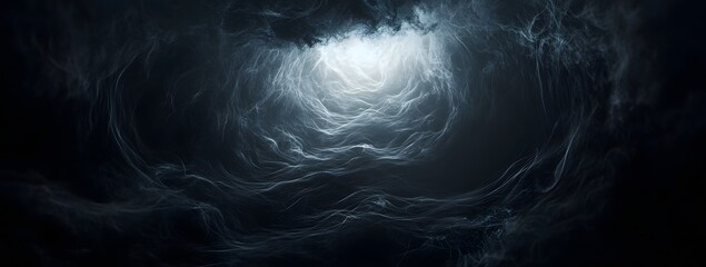 A large black background with white smoke