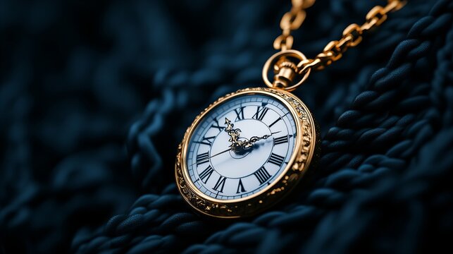 A close-up of an elegant gold pocket watch with Roman numerals, set against a dark textured background, symbolizing timelessness and luxury