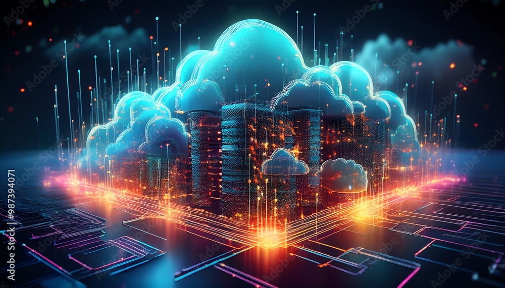 Poster a vibrant digital cityscape with glowing clouds and data streams, representing cloud computing and a