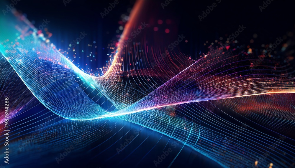 Poster vibrant digital waves of light and color flow against a dark background, creating a dynamic and futu