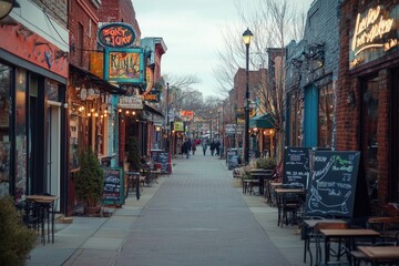 Charming small town main street with restaurants and shops