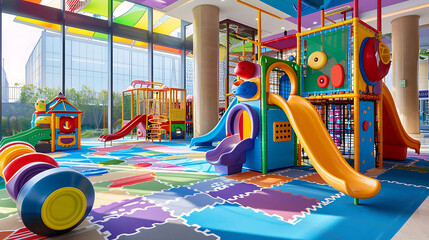 Indoor play zone with vibrant slides and bright lighting