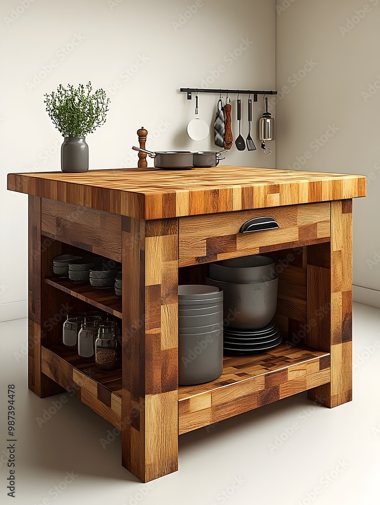 Poster compact 3d rendered kitchen island with butcher block countertop isolated on white background functi