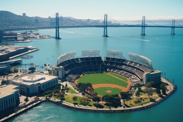 Aerial view of a baseball stadium at sunset near the coast
