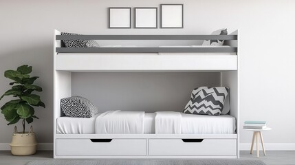 White and grey minimalistic children's bunk bed with integrated storage drawers, sleek and functional design