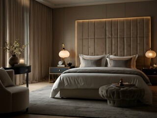 Luxurious bedroom with an upholstered headboard and ambient lighting.