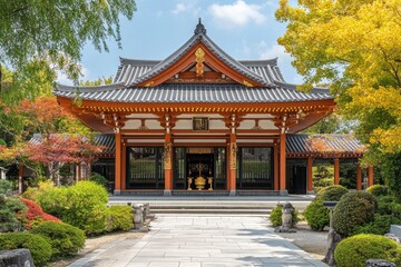 Traditional japanese temple standing in a serene garden