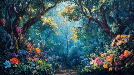 Lush Vibrant Forest with Colorful Flowers