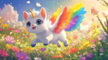 Obraz premium A white unicorn with rainbow wings flying over a field of colorful flowers in the sunlight.