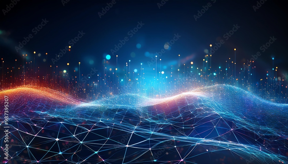 Poster a vibrant digital landscape showcasing waves of interconnected data points and glowing lines against