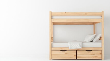 Modern minimalist children's bunk bed in natural wood, space-saving design with integrated storage drawers