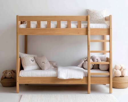 Minimalistic children's bunk bed with curved safety rails, clean wooden design with soft neutral tones