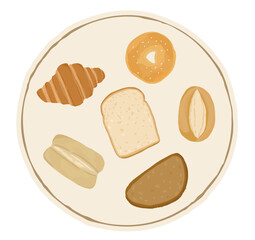 Set of bread hand drawn vector illustration. Circle, icon. Sliced bread, rye bread, wheat bread, whole grain bread, bagel, croissant.	
