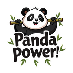 Fun Cartoon Panda with Bamboo Stick and 'Panda Power!' Bold Playful Font - White Background T-Shirt Design