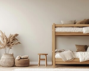 Modern children's bunk bed in light oak with minimalist styling, soft wood grains, and airy construction