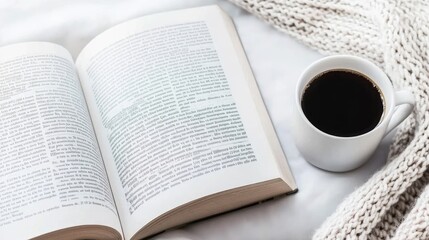 Enjoy a peaceful winter moment with an open book, a warm cup of coffee, and a soft blanket, all surrounded by twinkling lights for a cozy atmosphere