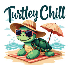 Cool Cartoon Turtle Wearing Baseball Cap T-Shirt Design with 'Turtle Chill' Fun Font on Light Green Background