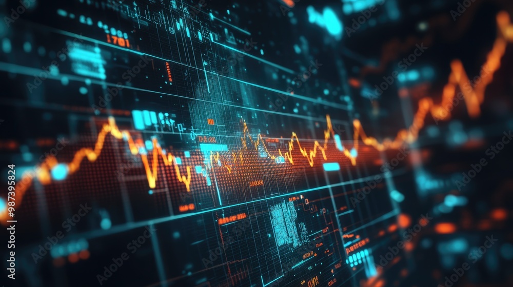 Poster a dynamic financial graph with arrows and indicators showing the rise and fall of banking stocks, se