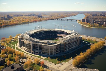 Aerial view of a baseball stadium by the waterfront