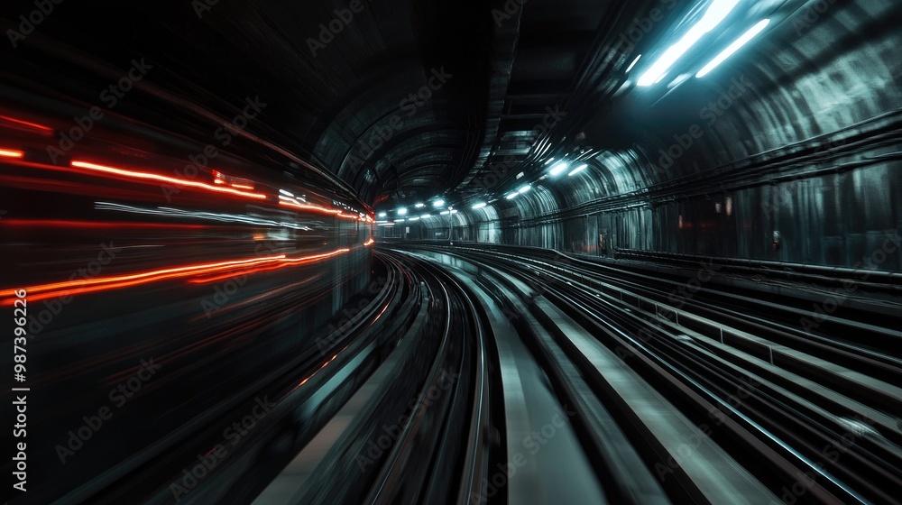Poster a dynamic view of a subway train entering a dark tunnel, with lights illuminating the tracks and cre