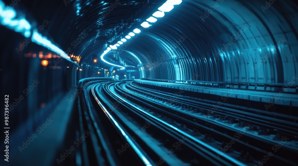 Poster a dynamic view of a subway train entering a dark tunnel, with lights illuminating the tracks and cre