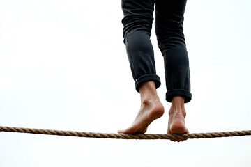 Person balancing on tightly stretched rope suspended on air, closeup. Bare feet walking on a tightrope. Concept on facing a precarious difficult situation, making careful decision, not making mistake.