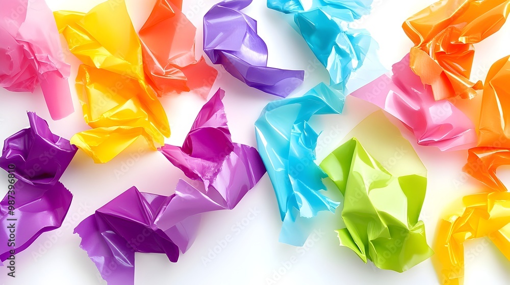 Poster crumpled torn candy wrappers in vibrant colors and textures create a striking modern abstract artwor