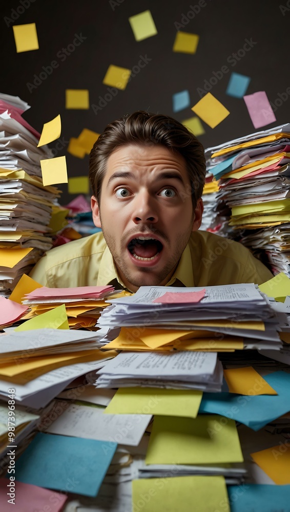 Poster man engulfed by piles of documents and sticky notes.