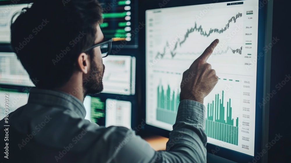 Poster a financial analyst pointing at a digital bar chart on a computer screen, with graphs and data overl