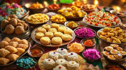 A festive scene of a Diwali celebration with a variety of traditional sweets and snacks beautifully displayed, symbolizing the joy and richness of Indian culture.