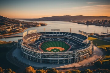 Aerial view of a baseball game with city skyline backdrop