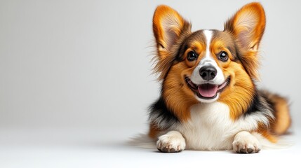 A playful corgi lounges happily, showcasing its joyful expression and fluffy coat