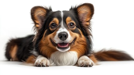 This corgi radiates joy with its playful expression, relaxing comfortably