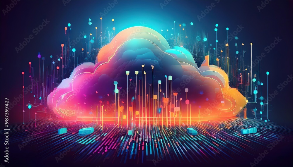 Poster a vibrant digital cloud emits colorful data streams, symbolizing cloud computing and connectivity in