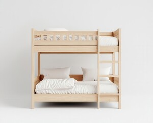 Modern children's bunk bed in light wood with minimalist styling, safety rails and sleek ladder design