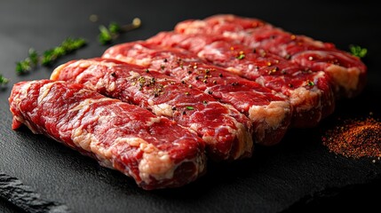 Juicy beef strips seasoned with spices, ready for cooking over a black slate backdrop