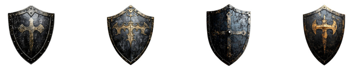 Set, collection of Iconic fantasy black knights shield isolated on transparent background.